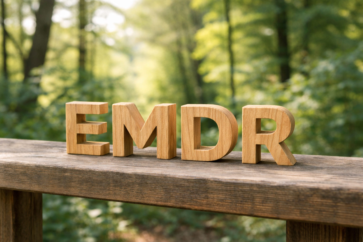 Carved letters spelling out E M D R with a woodland background