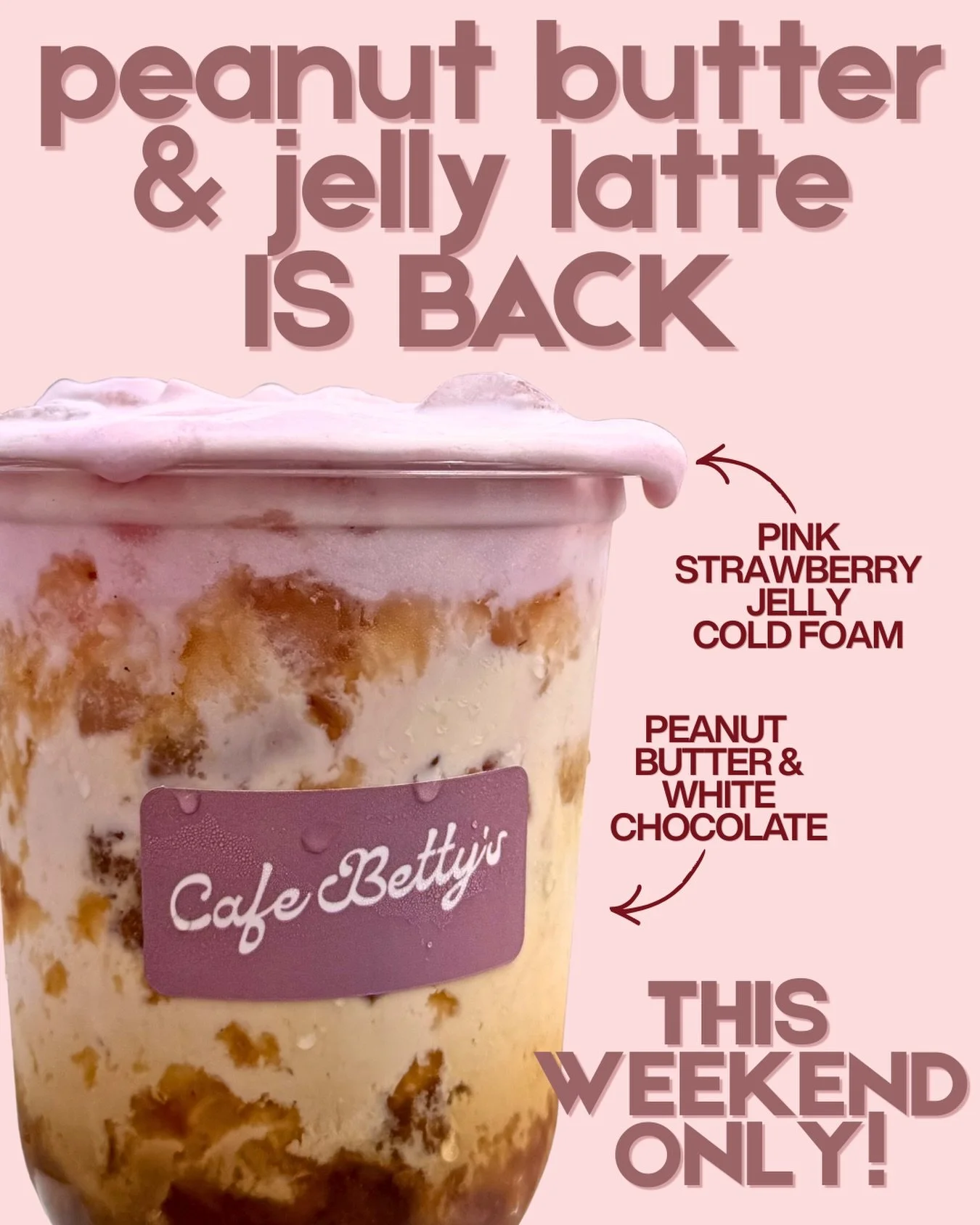 Okay fineeeee we&rsquo;ll bring her back for the weekend since HUNDREDS of you said we should 🥲🩷

The peanut butter &amp; jelly latte will be available this weekend only. 

See you Saturday and Sunday 🩷