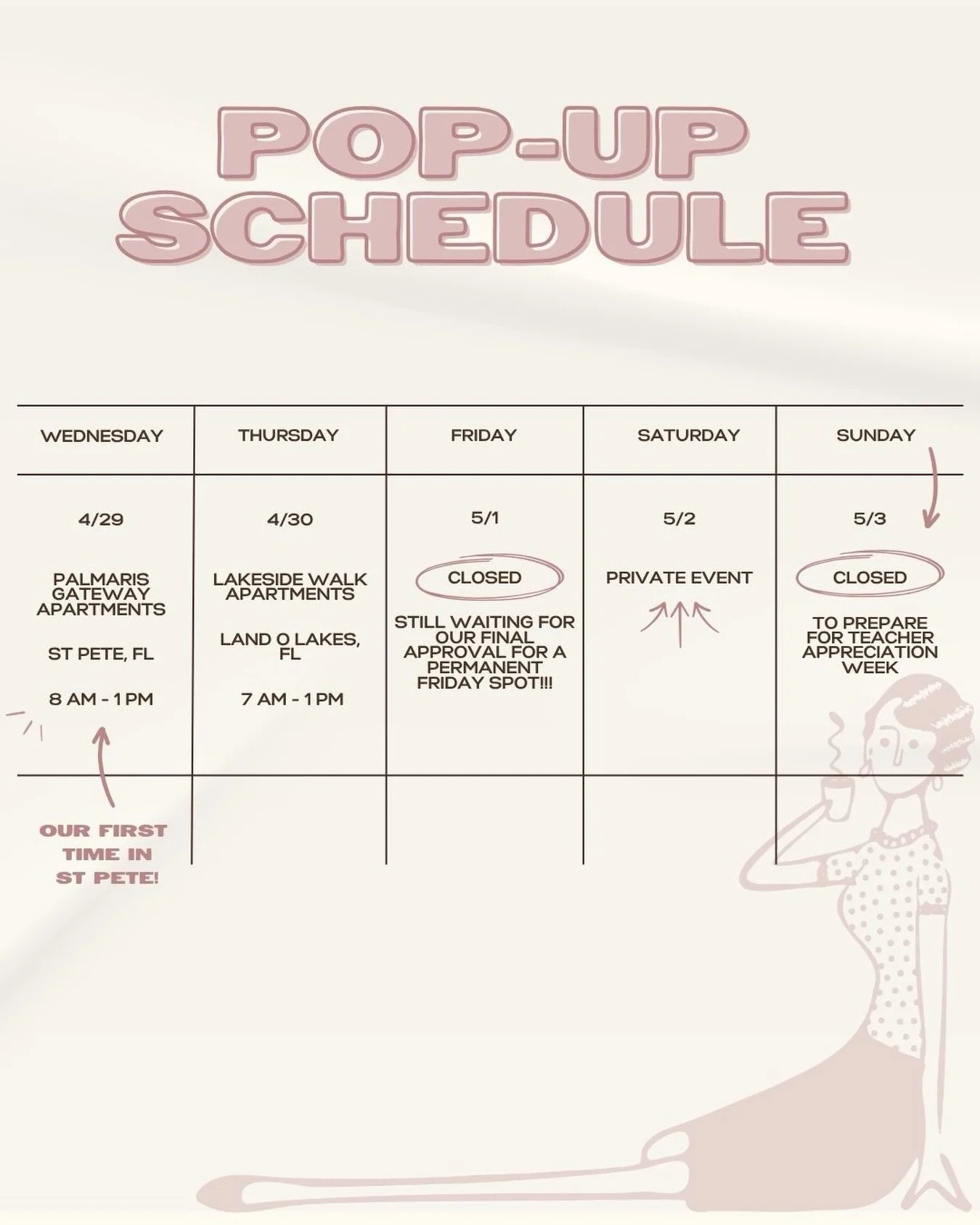 This week 🥹🩷 We love being new places and can&rsquo;t wait to get down to St Pete for the first time!! 

We are also so excited about our Friday spot, but we aren&rsquo;t allowed to set up there until we get a final proposal from the CDD board. Onc