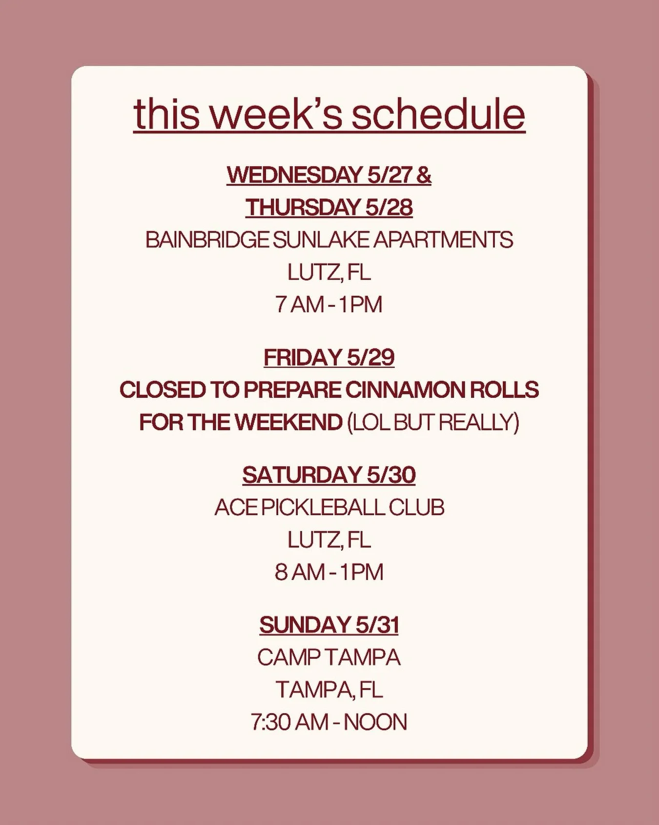 UPDATED SCHEDULE!!!

We love new places 🥹 AND Betty&rsquo;s will be in South Tampa??!!

Can&rsquo;t wait to see you there!! 🩷🩷🩷
