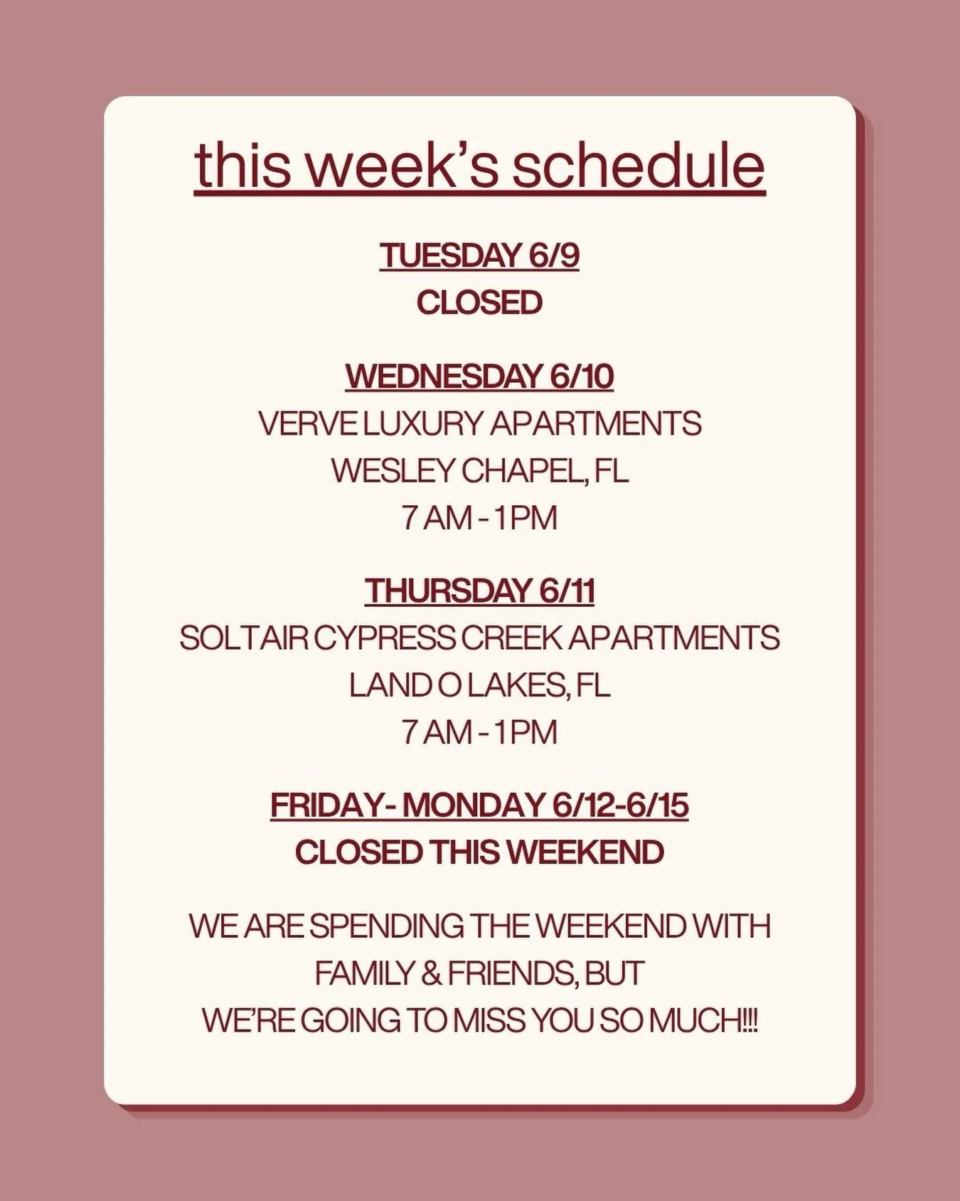 Okay but why are we literally sad about taking some days off 😭😭

The good news is that we will be in Wesley Chapel again and we CANNOT wait. Promise we will come with many many more cinnamon rolls and banana puddings for you. 🩷🩷

See you out ther