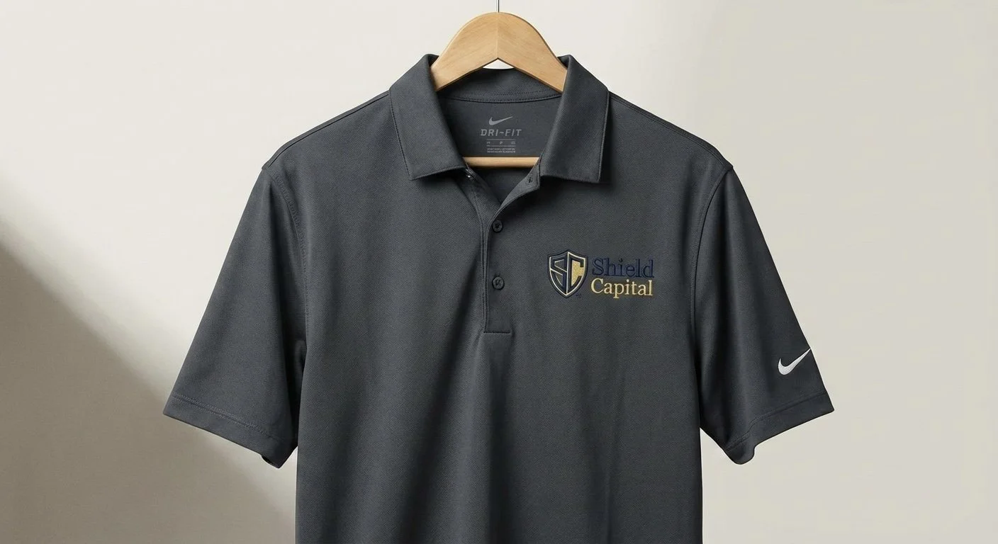 Gray Nike Dri-FIT polo shirt with Shield Capital logo on the chest, hanging on a wooden hanger against a plain wall.