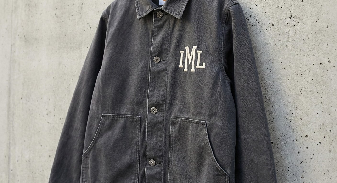A gray denim jacket hanging against a concrete wall. The jacket has a white embroidered monogram on the left chest reading 'IML' and features front pockets and metal buttons.