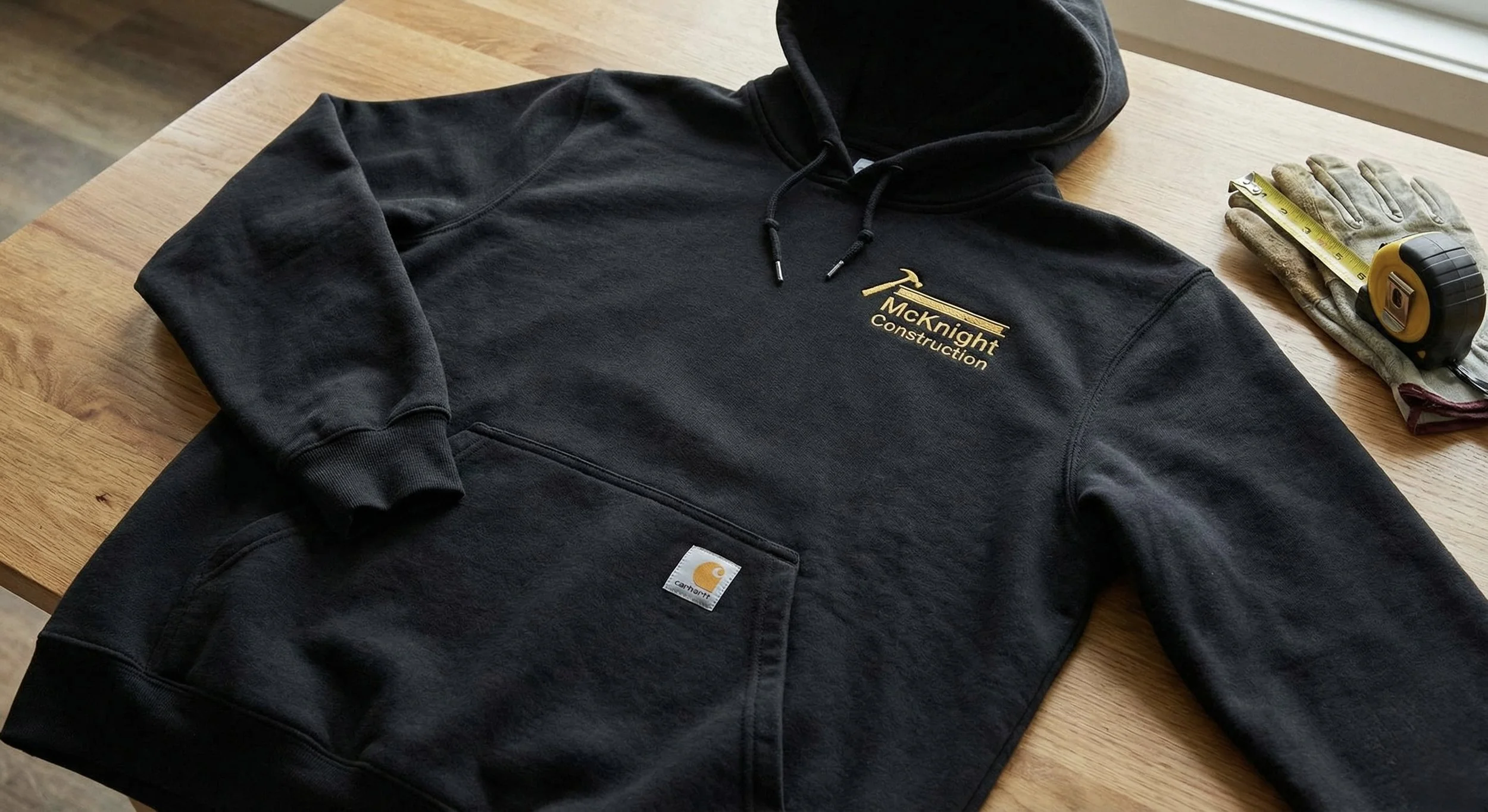 Black hoodie with 'McKnight Construction' logo on a wooden table, alongside gloves, a measuring tape, and a tape measure.