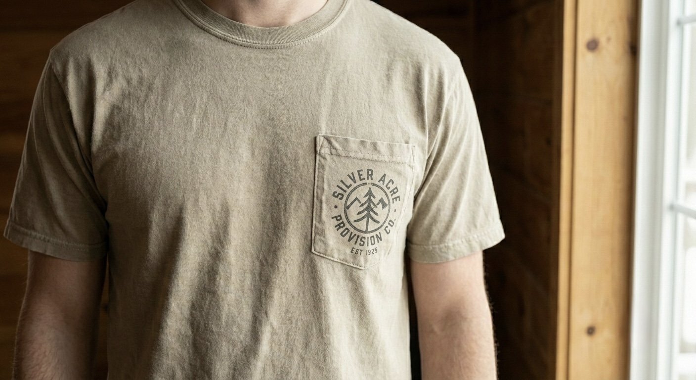 A person wearing a beige T-shirt with a chest pocket featuring a logo with a tree and text that reads "Silver Acre Provision Co. Est 1925."