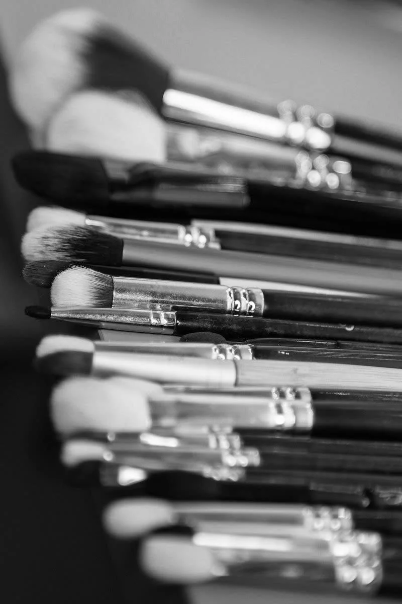 Black and white photo of various makeup brushes arranged in a row.
