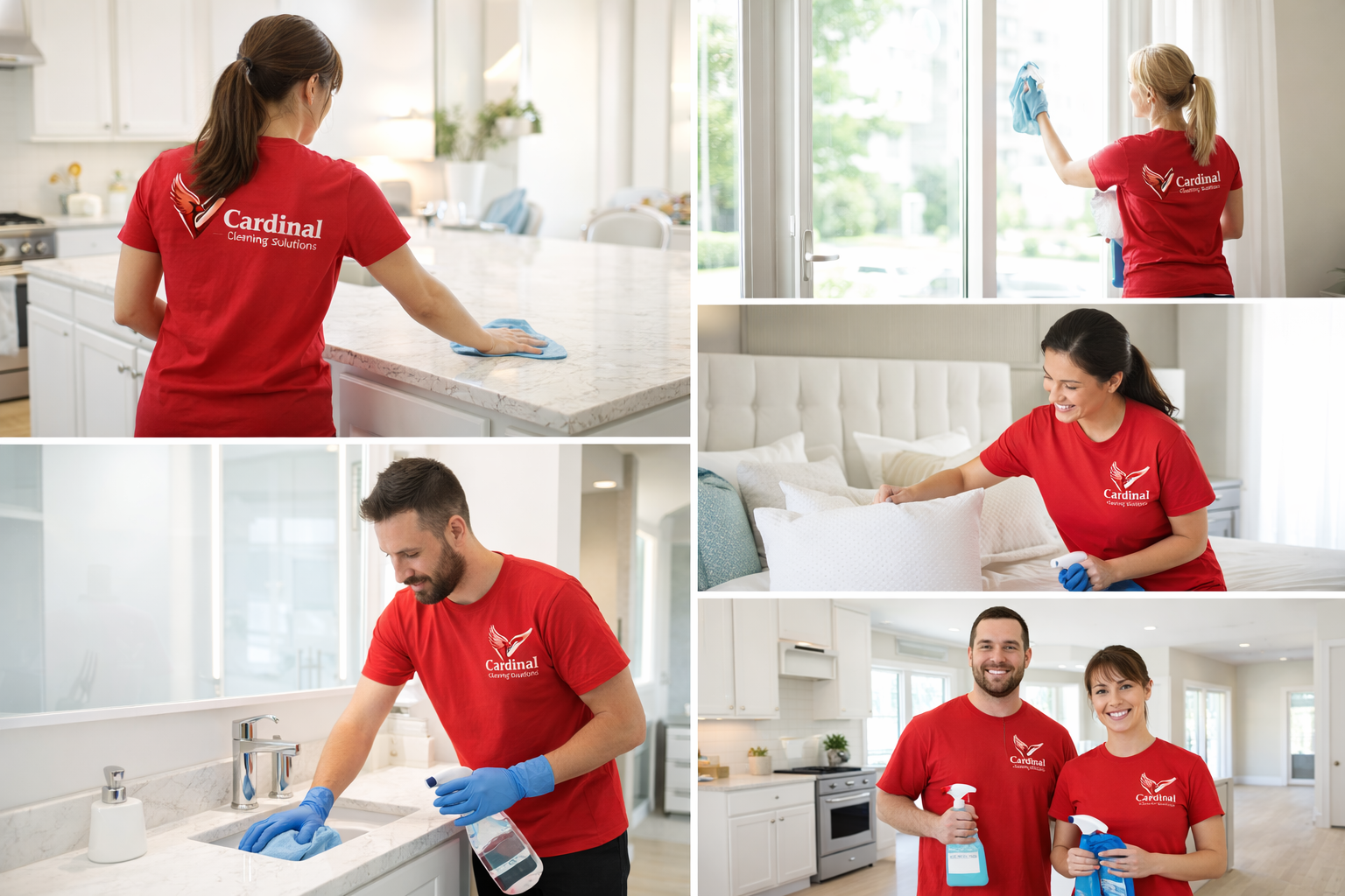 Cleaning staff from Cardinal Cleaning Solutions cleaning various areas of a house, including kitchen countertops, windows, and sinks.