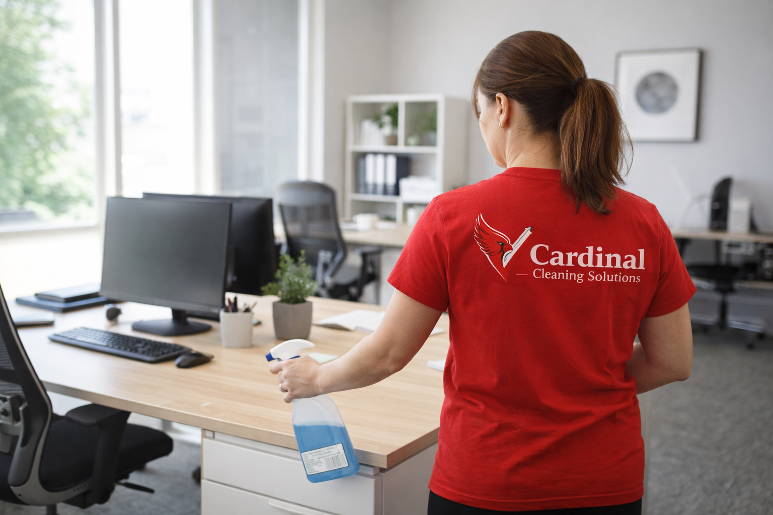 Cardinal Cleaning employee cleaning in an office environment