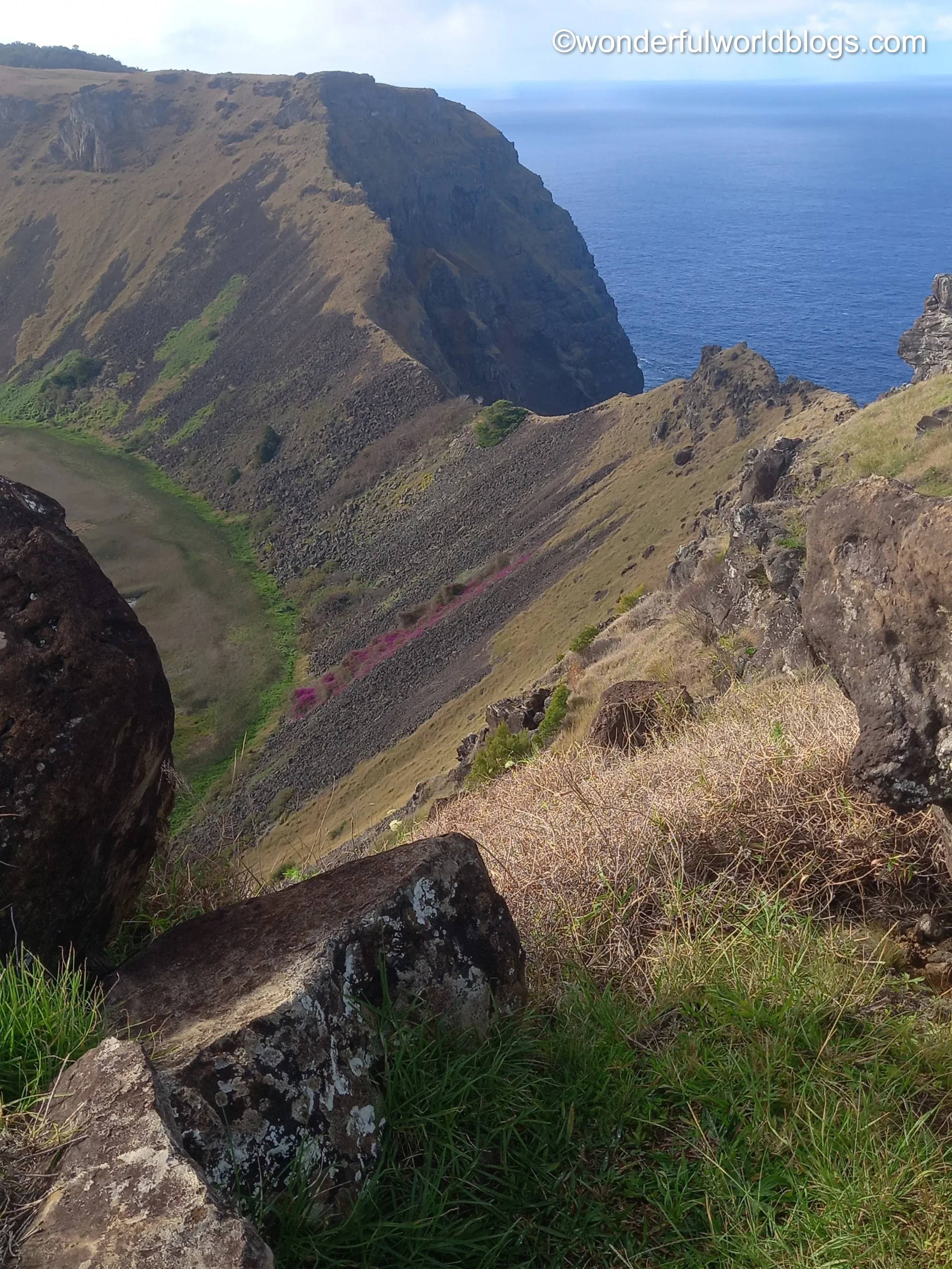View from rim of volcano on Easter Island Rapanui Chile