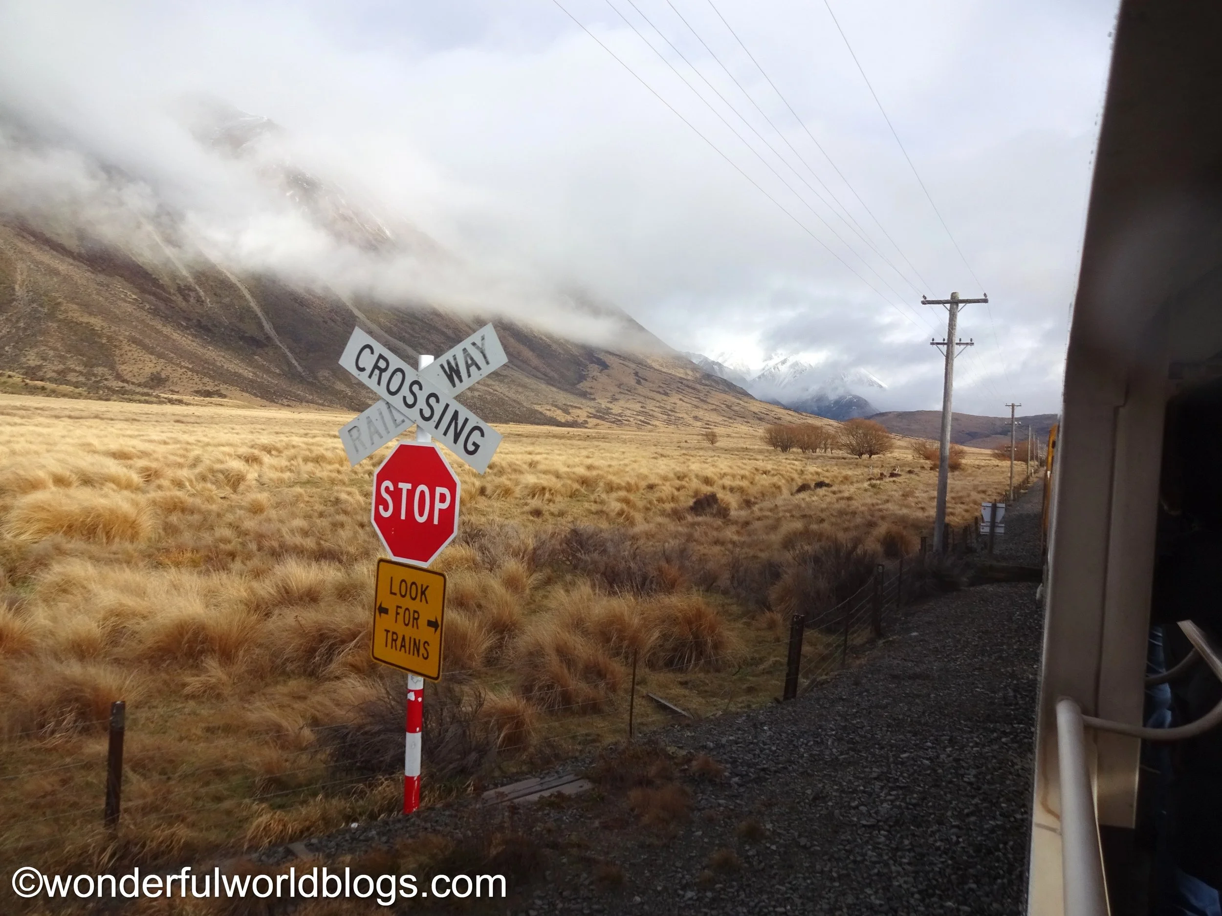 View from window of the Trans Alpine Express train South Island New Zealand