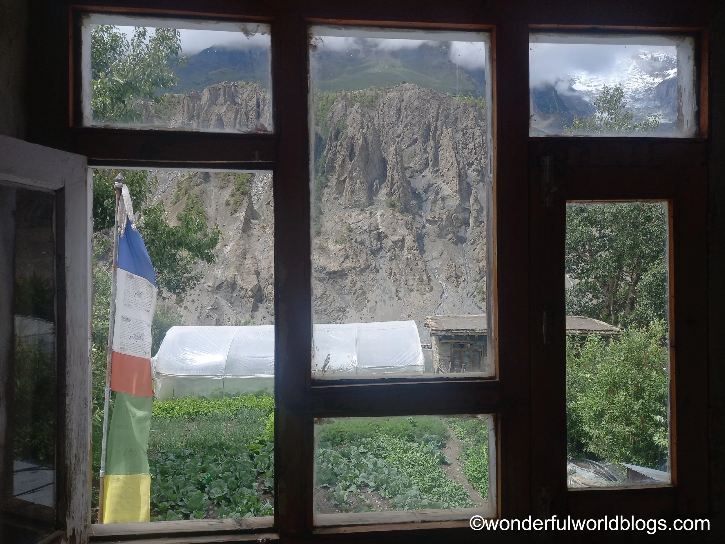 View from window Manang on the Annapurna Circuit Trek Nepal