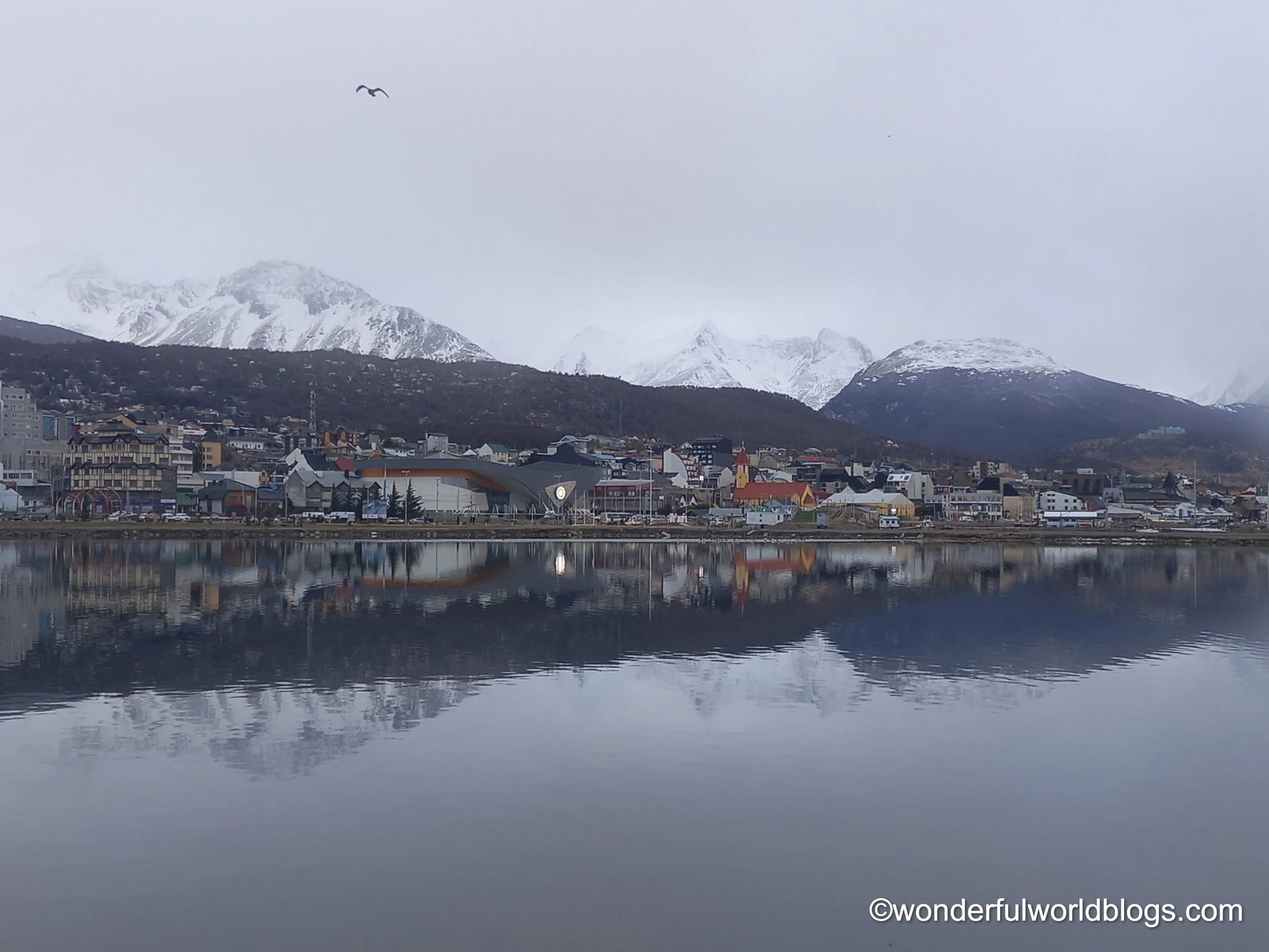 Ushuaia in Patagonia reflected in water