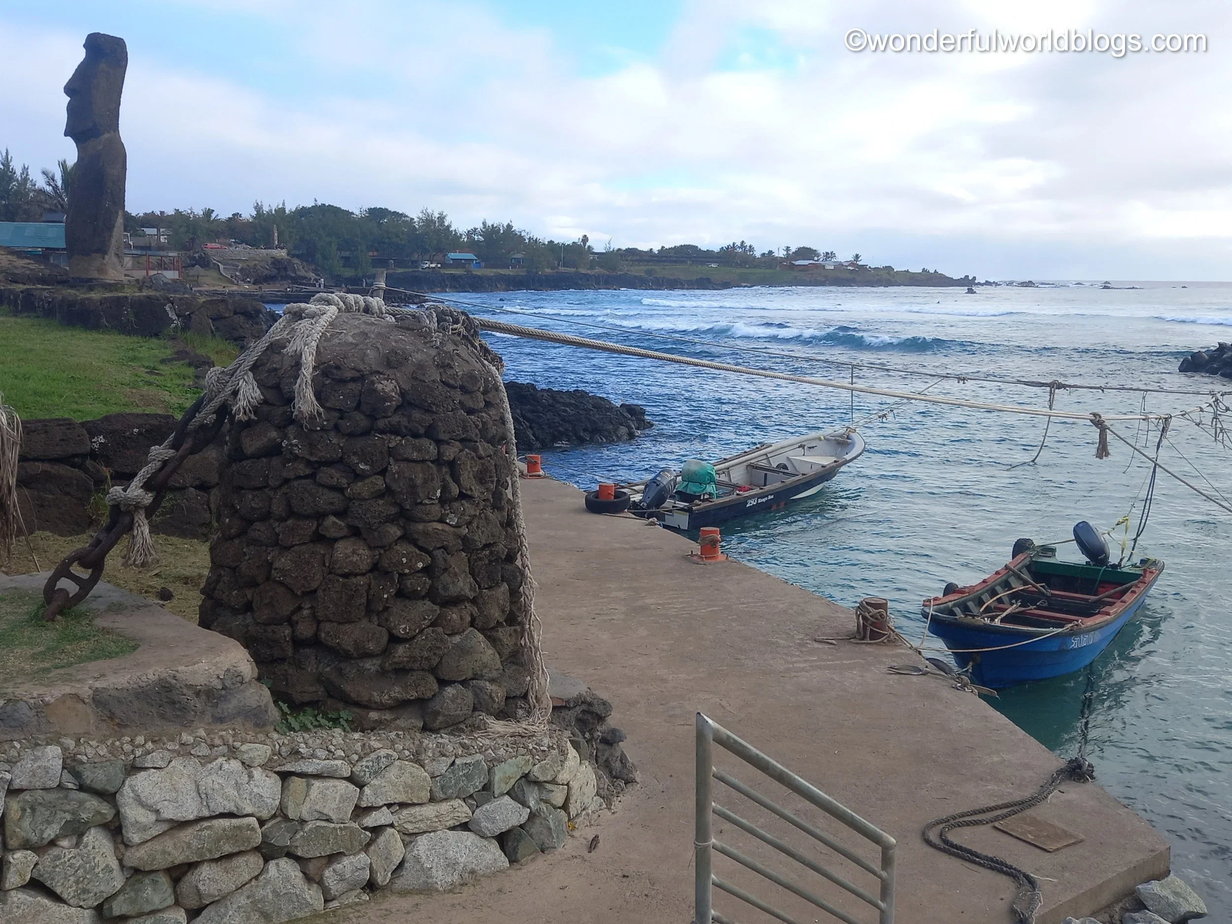 Harbour with moai on Easter Island Rapanui Chile
