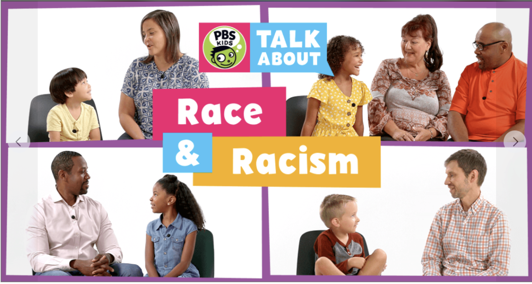 Cover of a PBS Kids educational program titled "Talk About Race & Racism" featuring children and adults of diverse backgrounds engaged in conversation.