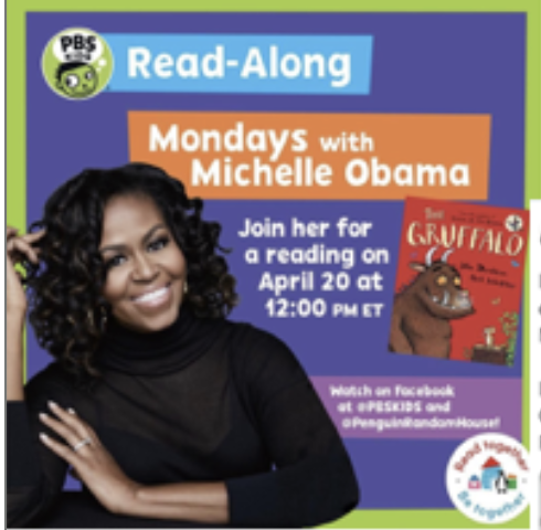 Flyer promoting a PBS Read-Along event with Michelle Obama, scheduled for April 20 at 12:00 PM ET, featuring her reading 'The Gruffalo' and including Facebook and YouTube links.