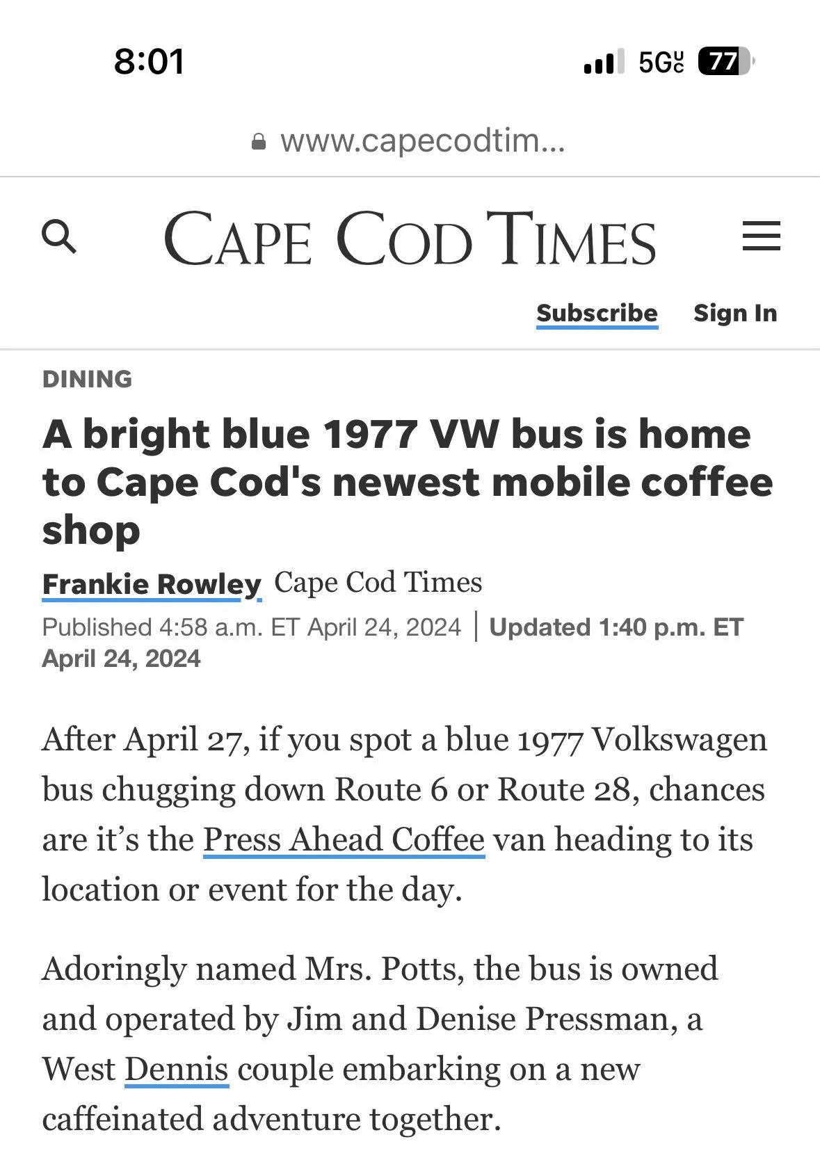 Screenshot of a news article from the Cape Cod Times website, dated April 24, 2024, about a bright blue 1977 Volkswagen bus serving as a mobile coffee shop.
