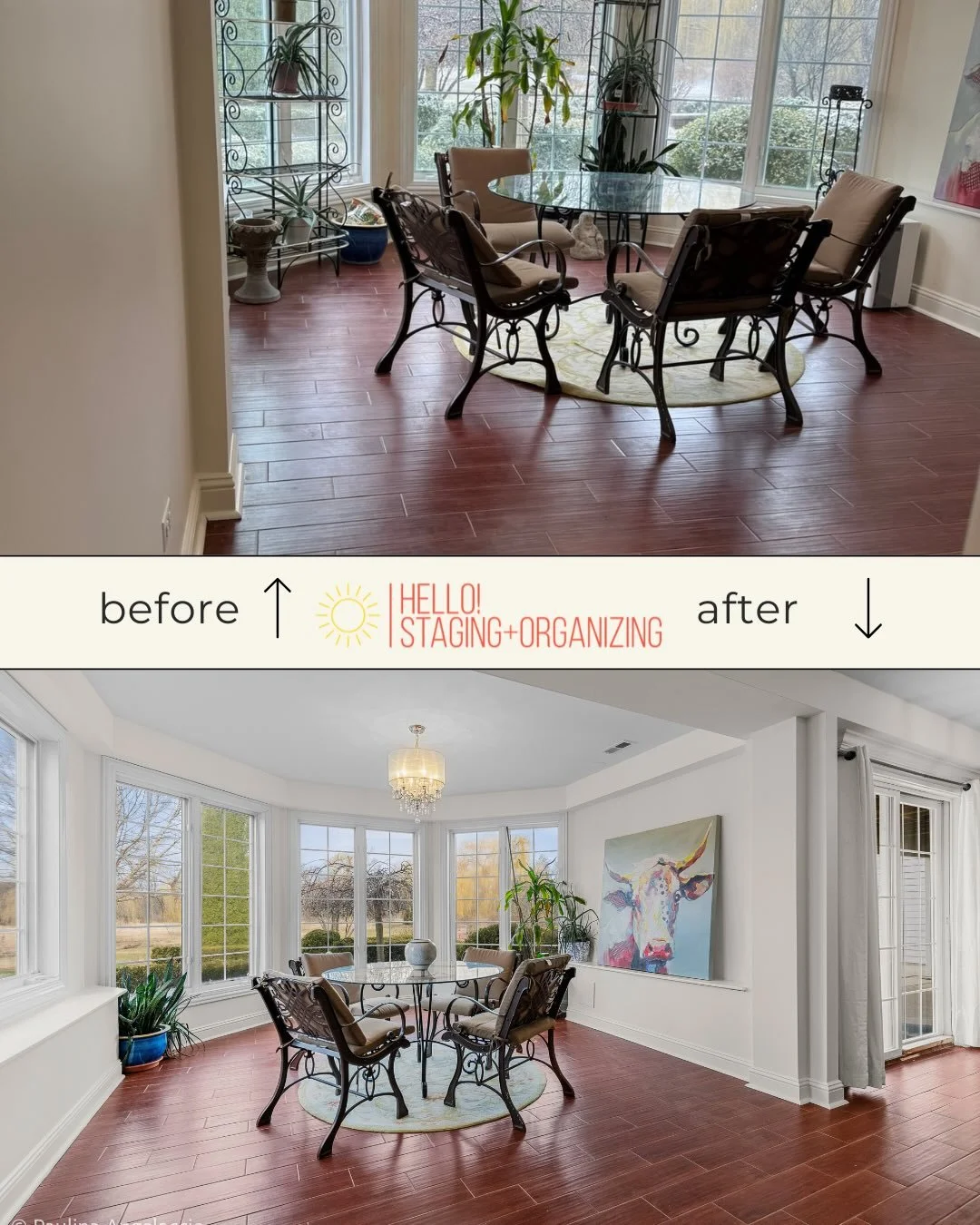 3 Lessons from a Home Stager (Before &rarr; After)

1. Let the room breathe
Clear decor, plants, and furniture away from doors and windows. Buyers need to move freely and have access to windows.

Notice how it instantly feels bigger&hellip; and brigh