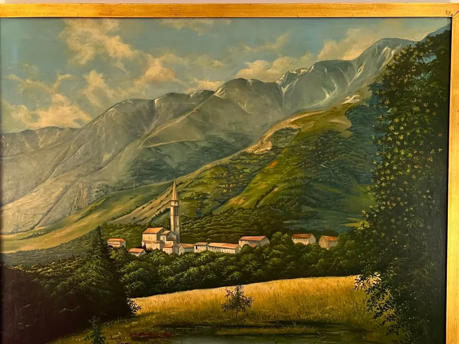 Beautiful painting of an Italian countryside with mountains and farms.