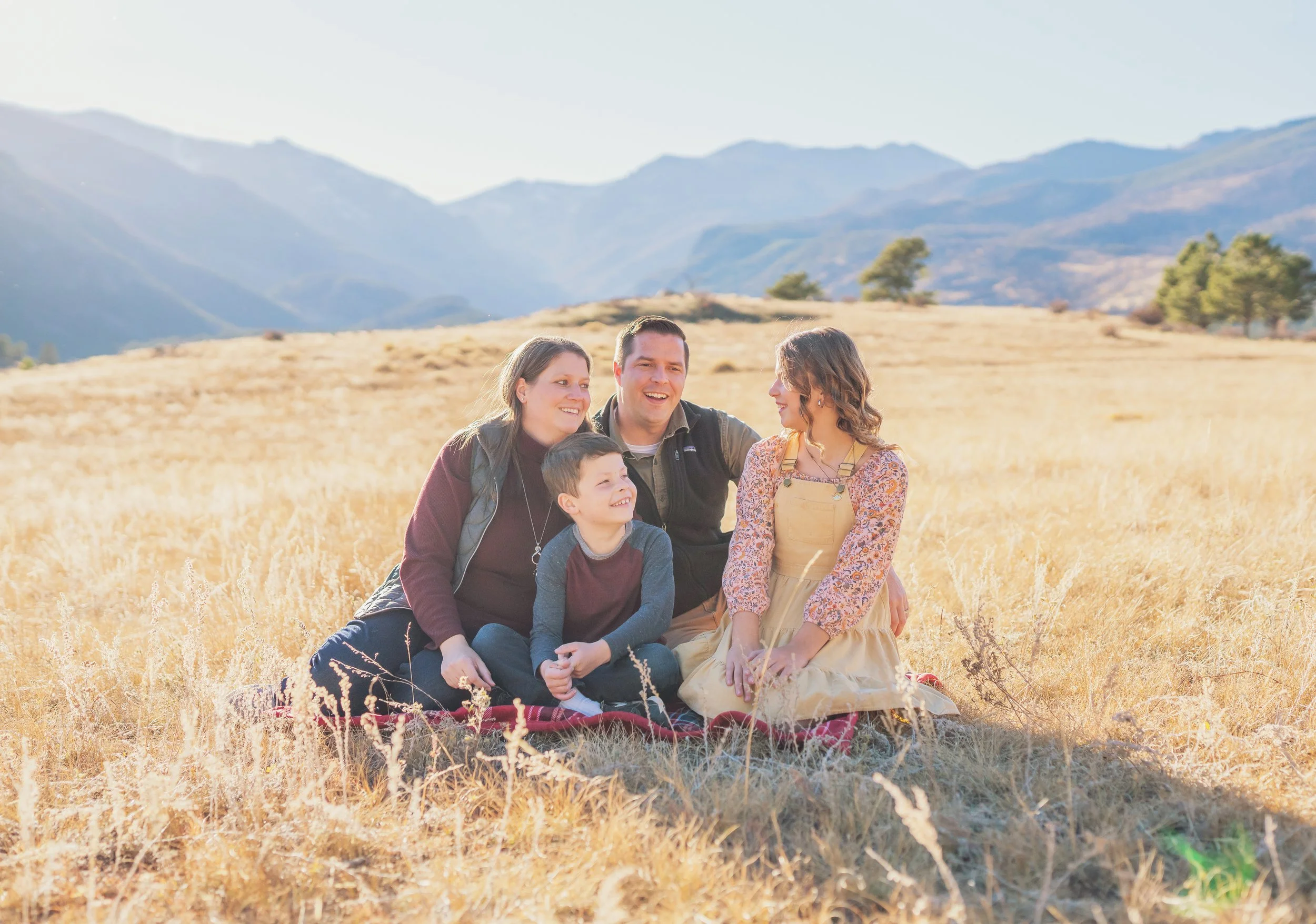 A family of four sitting on a blanket in a field with mountains in the background, enjoying the outdoors.