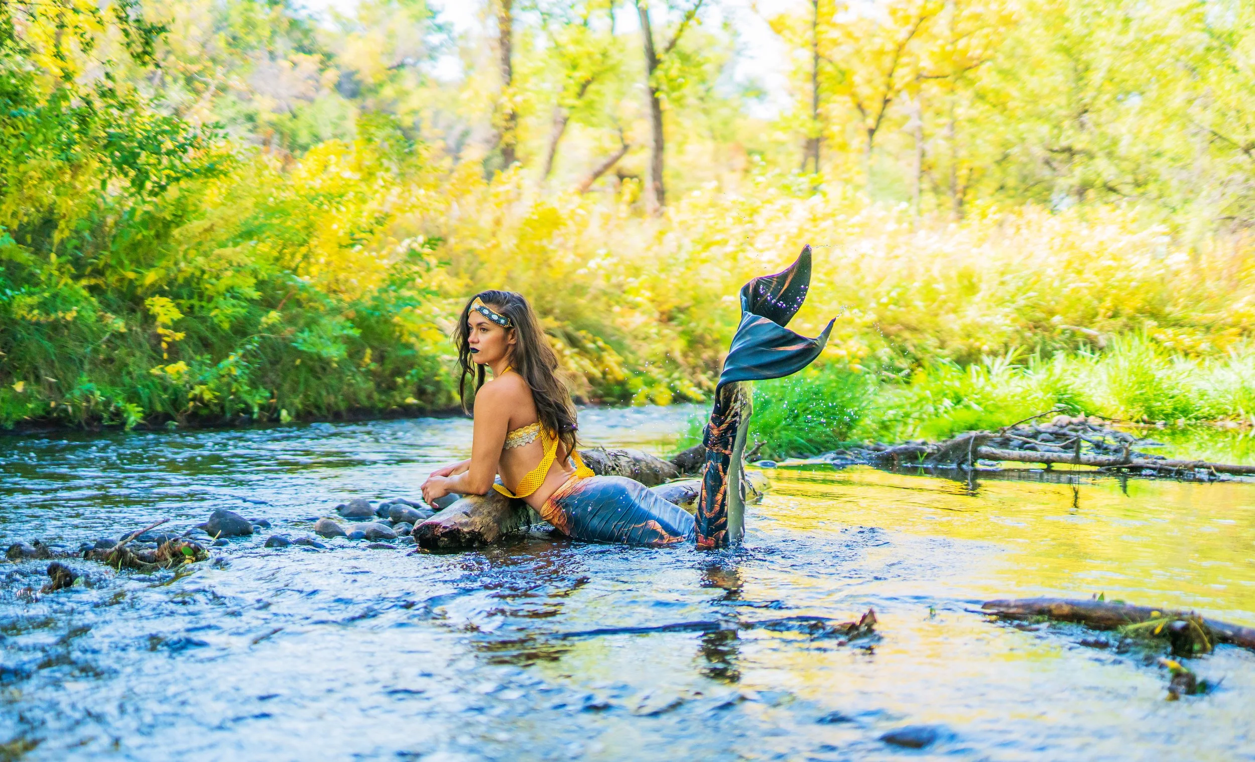 A woman dressed as a mermaid with a colorful tail and a yellow top, sitting on a rock in a flowing river surrounded by green and yellow foliage during autumn.