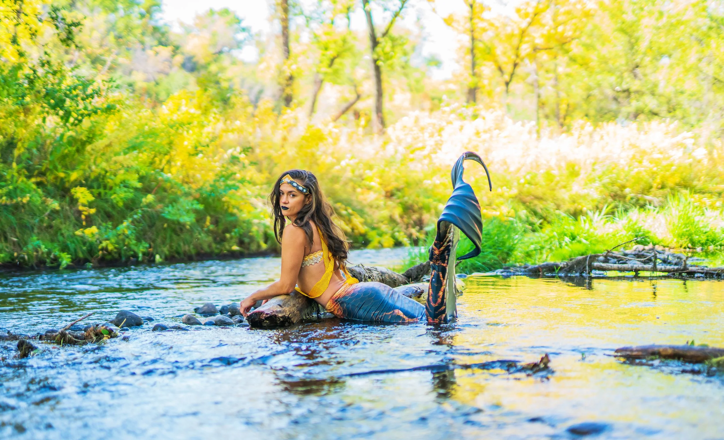 A woman dressed as a mermaid with a colorful tail and a yellow top, sitting on a rock in a river surrounded by green and yellow foliage.