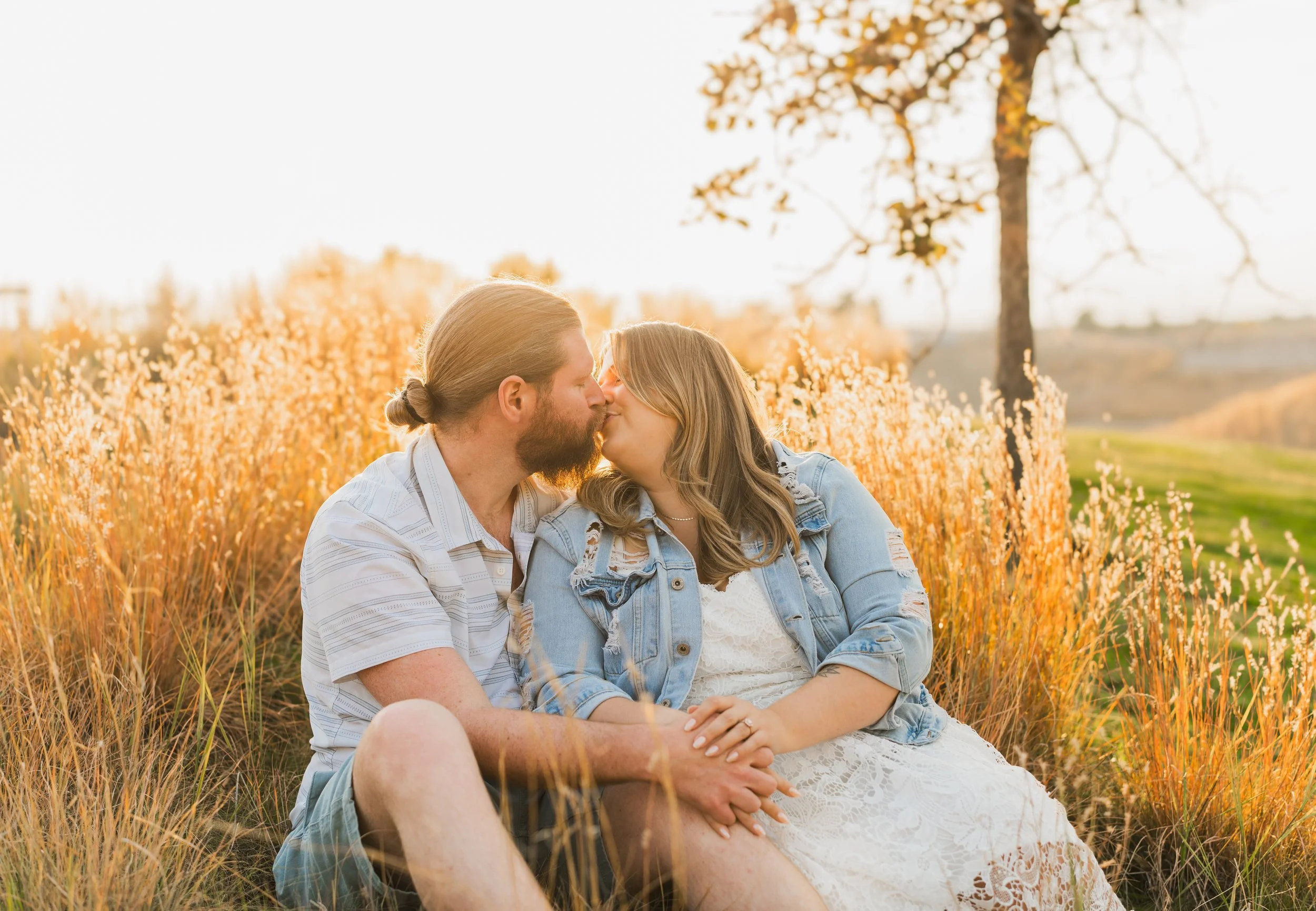 A couple sitting in a field of tall yellow grass, kissing during sunset with a tree in the background.