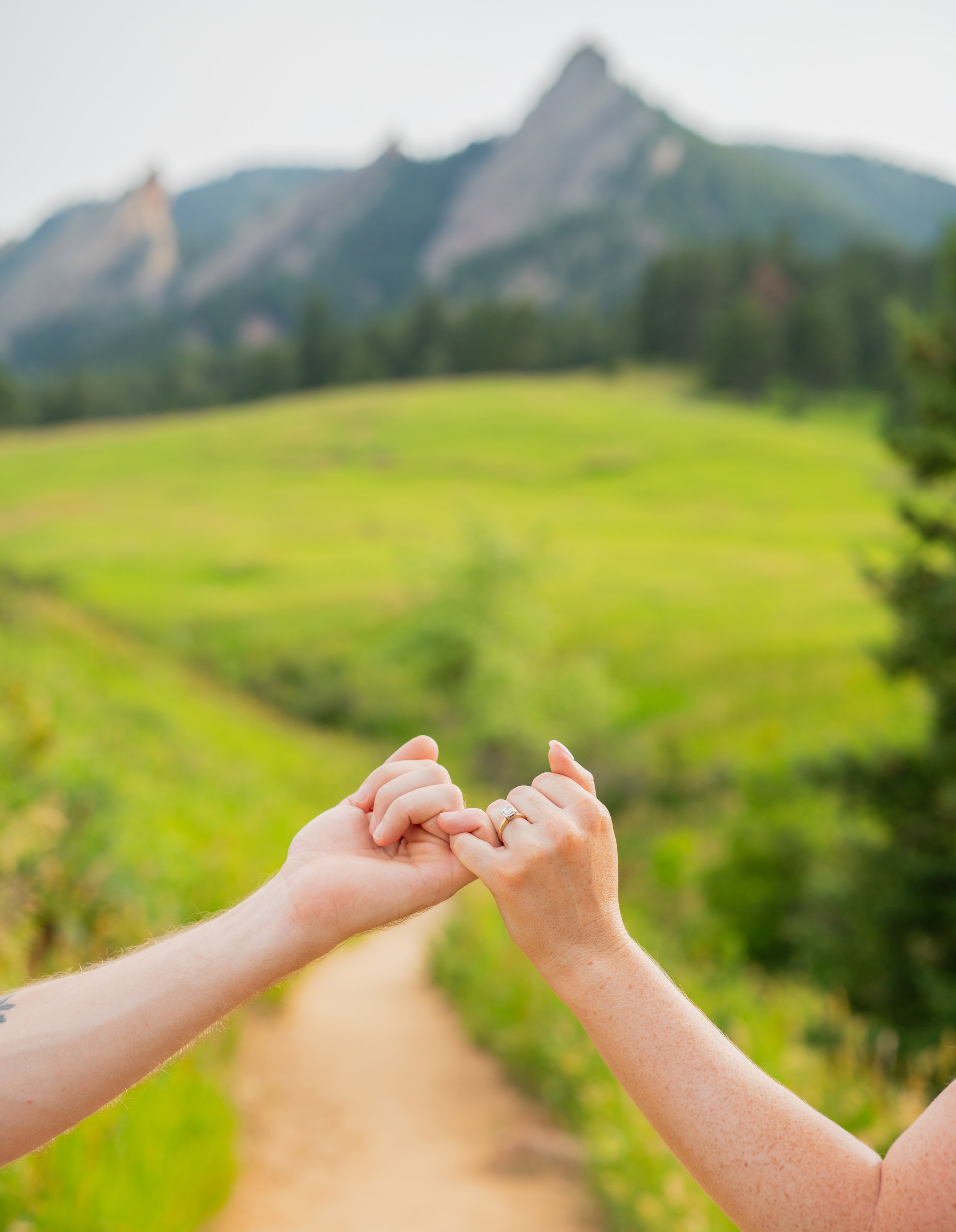 Two people holding hands in a natural outdoor setting with a mountain and green landscape in the background.