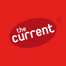 Red background with white text 'the current' inside a red oval shape.