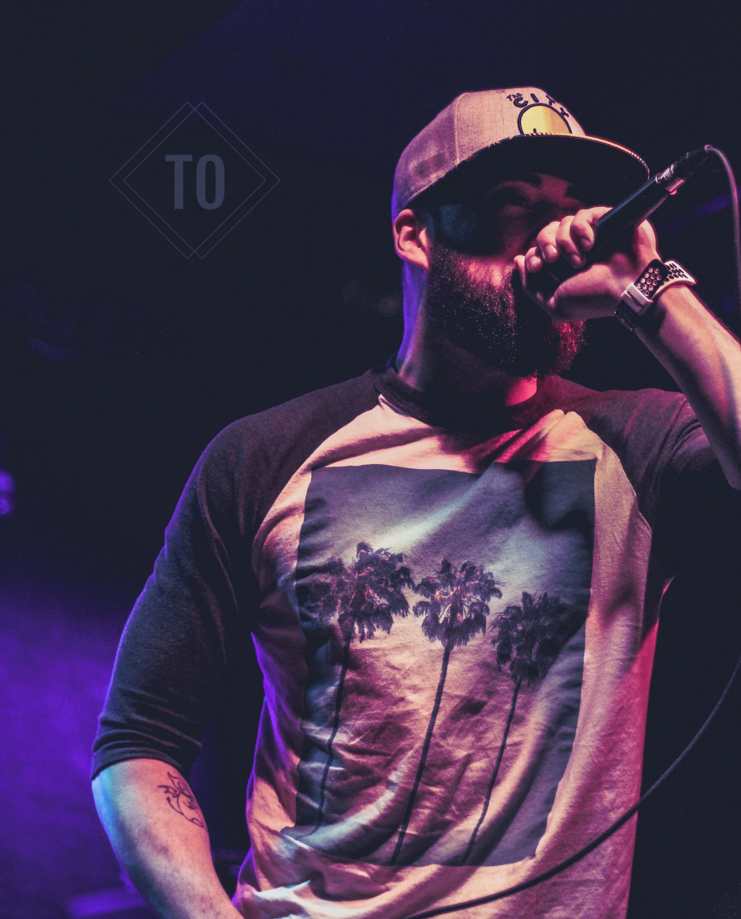 A man with a beard wearing a gray baseball cap and a t-shirt with a palm tree graphic, holding a microphone, performing on stage under purple lighting.