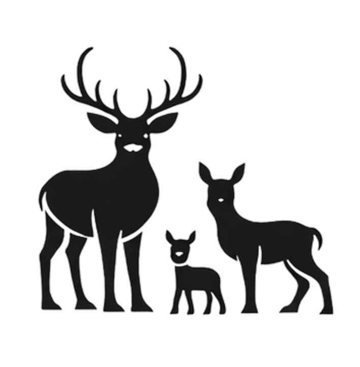 Black silhouettes of a family of Caspian Red Deer standing together to symbolize thriving herds by rebuilding robust, viable populations.