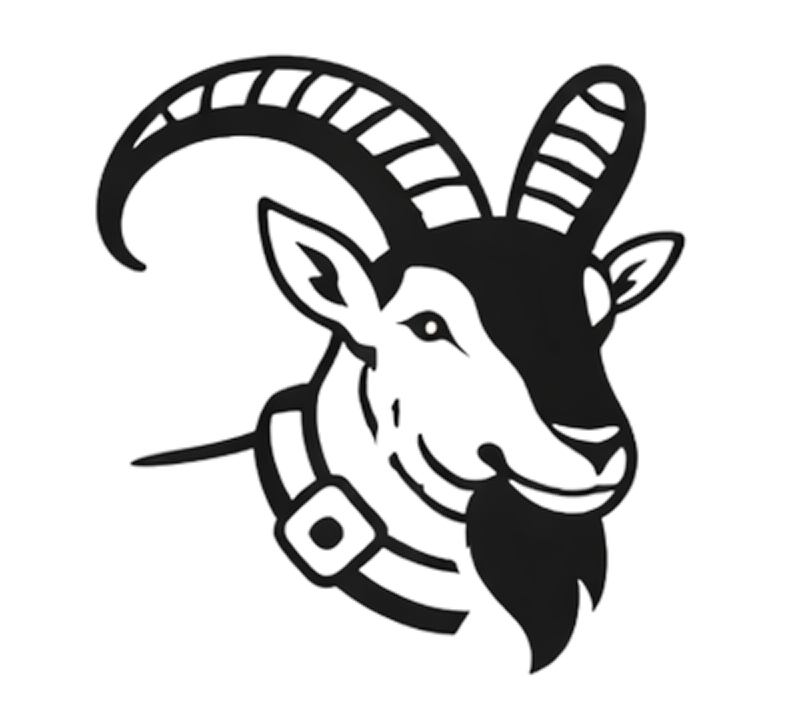 Stylized illustration of a Bezoar Ibex with large curved horns, a beard, and a collar because every animal is tracked in the wild.