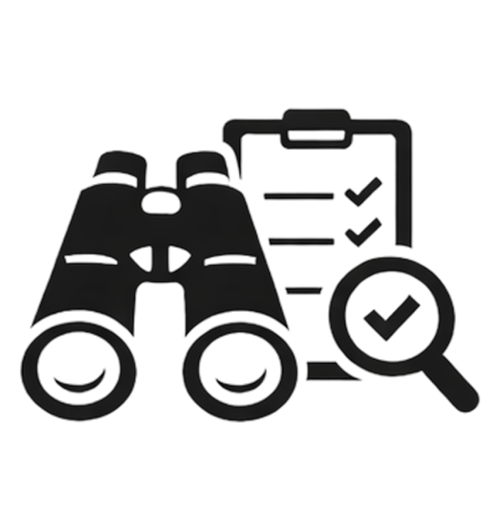 A pair of binoculars, a clipboard with checkmarks, and a magnifying glass with a checkmark, symbolizing Long-Term Research, Continual population studies and data.