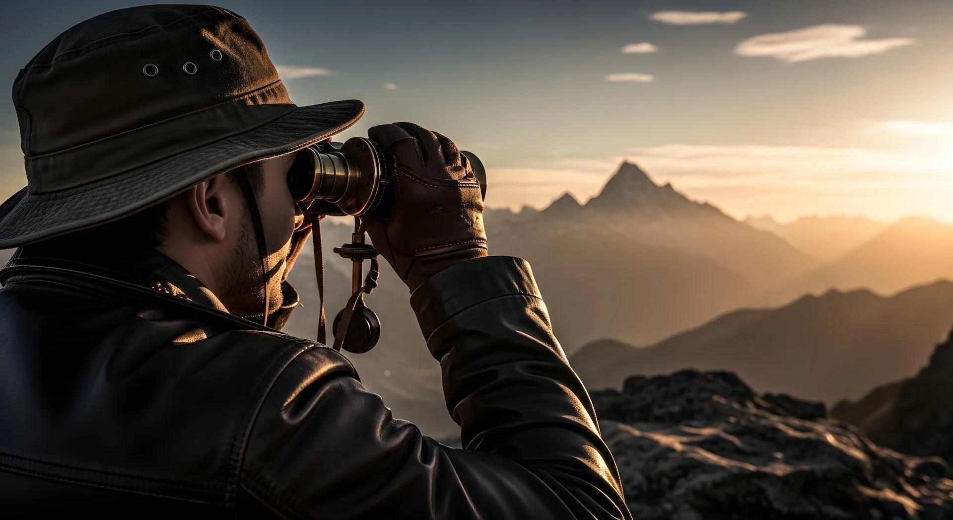A man wearing a hat and leather gloves looking through binoculars at the Caucasus mountain landscape during sunset.