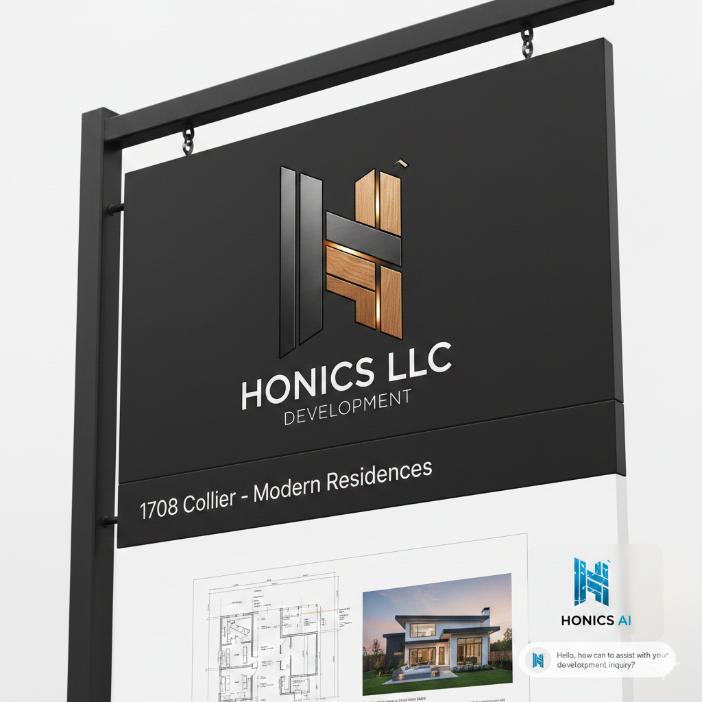 Sign for HONICS LLC Development with logo, address 1708 Collier, modern residences, and an architectural plan with a photo of a house and a chat bubble from HONICS AI.