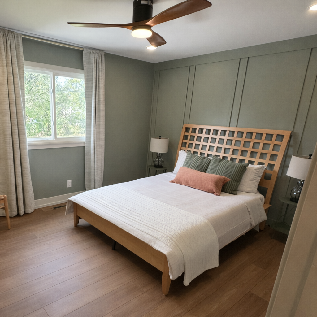 A bedroom with a wooden bed frame, white bedding, and multiple pillows, including striped green and a pinkish pillow. There are two nightstands with lamps, a window with light-colored curtains, and a ceiling fan with wooden blades.