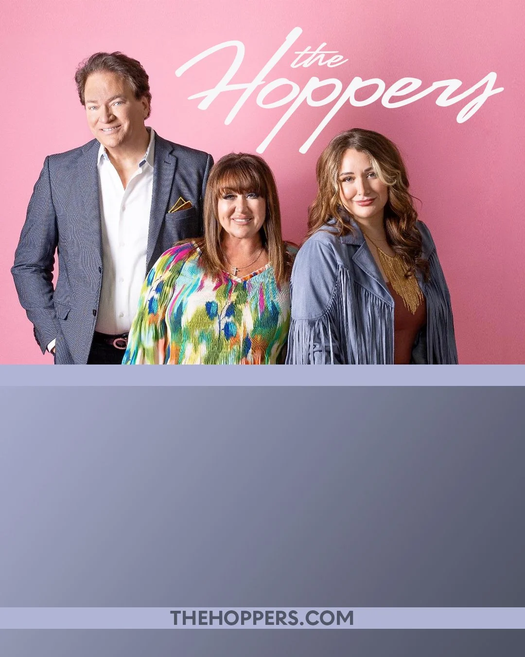 Poster of TV show 'The Hoppers' featuring three people standing in front of a pink background with the show's title in white cursive text. Website URL 'THEHOPPERS.COM' at the bottom.