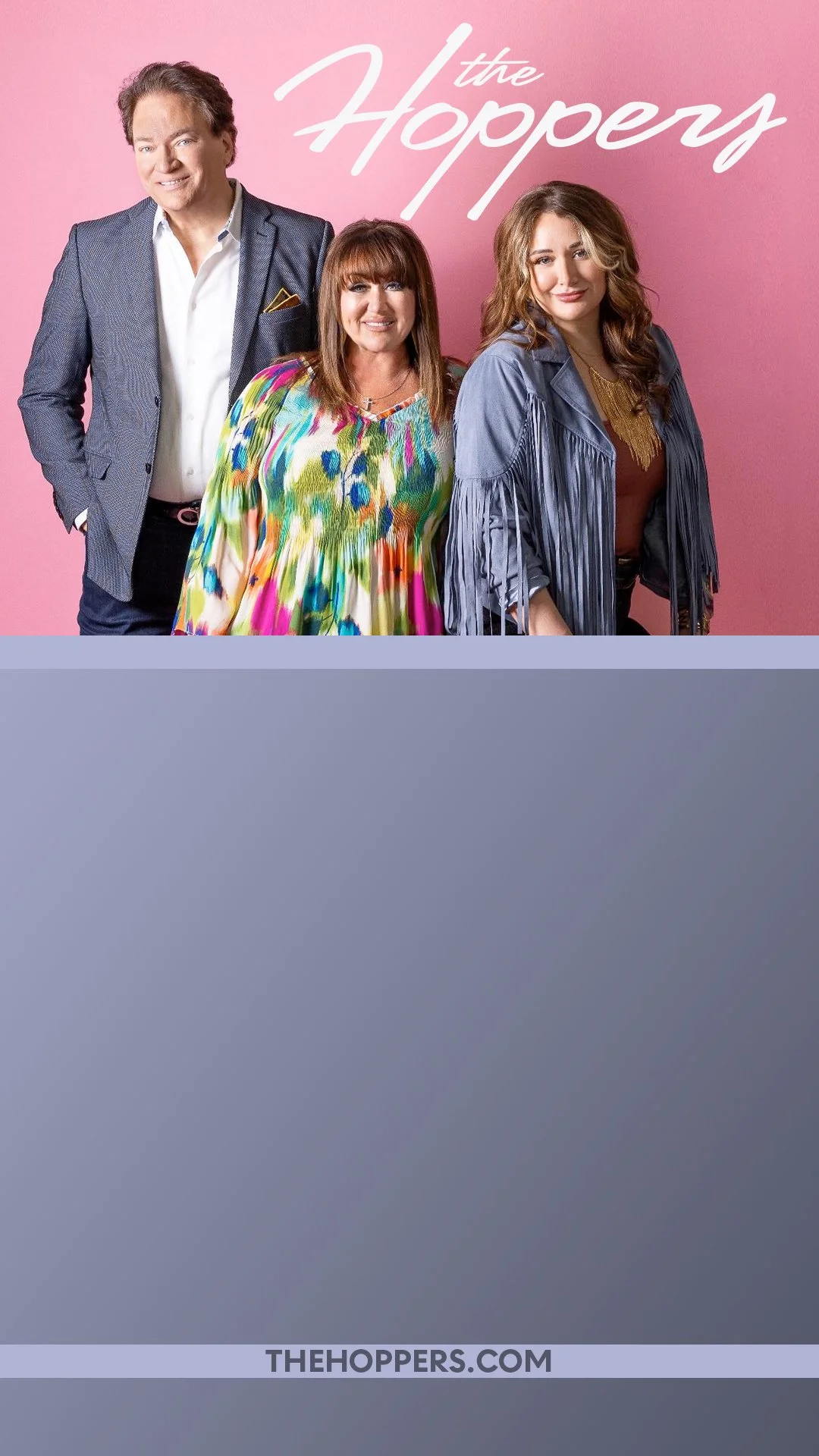 Promotional poster for the TV show 'The Hoppers' featuring three people standing against a pink background, with the show's title written in white cursive text at the top and 'thehoppers.com' at the bottom.