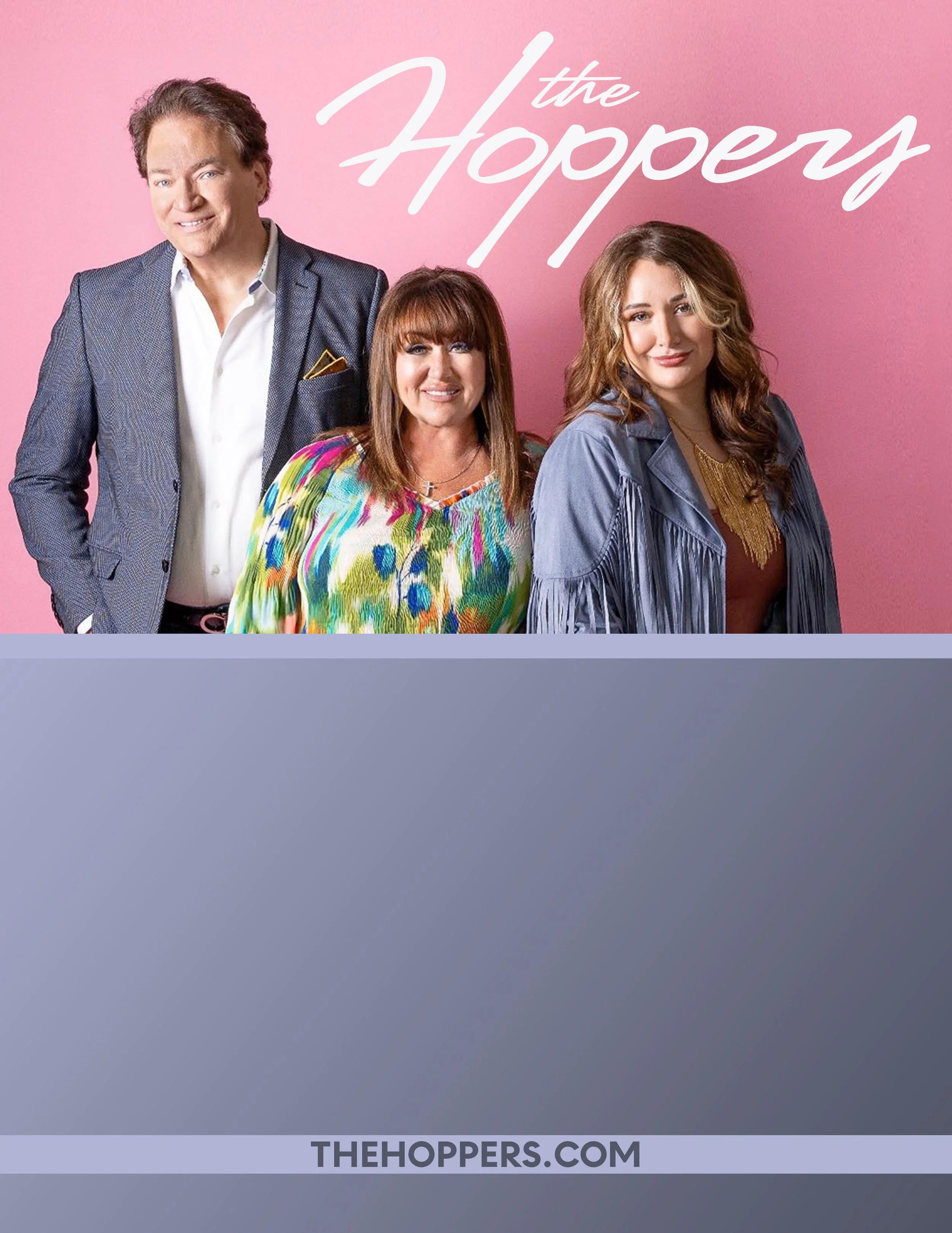 Promotional poster for the TV show 'The Hoppers,' featuring three people against a pink background with the show's name in white script and the website 'thehoppers.com' at the bottom.