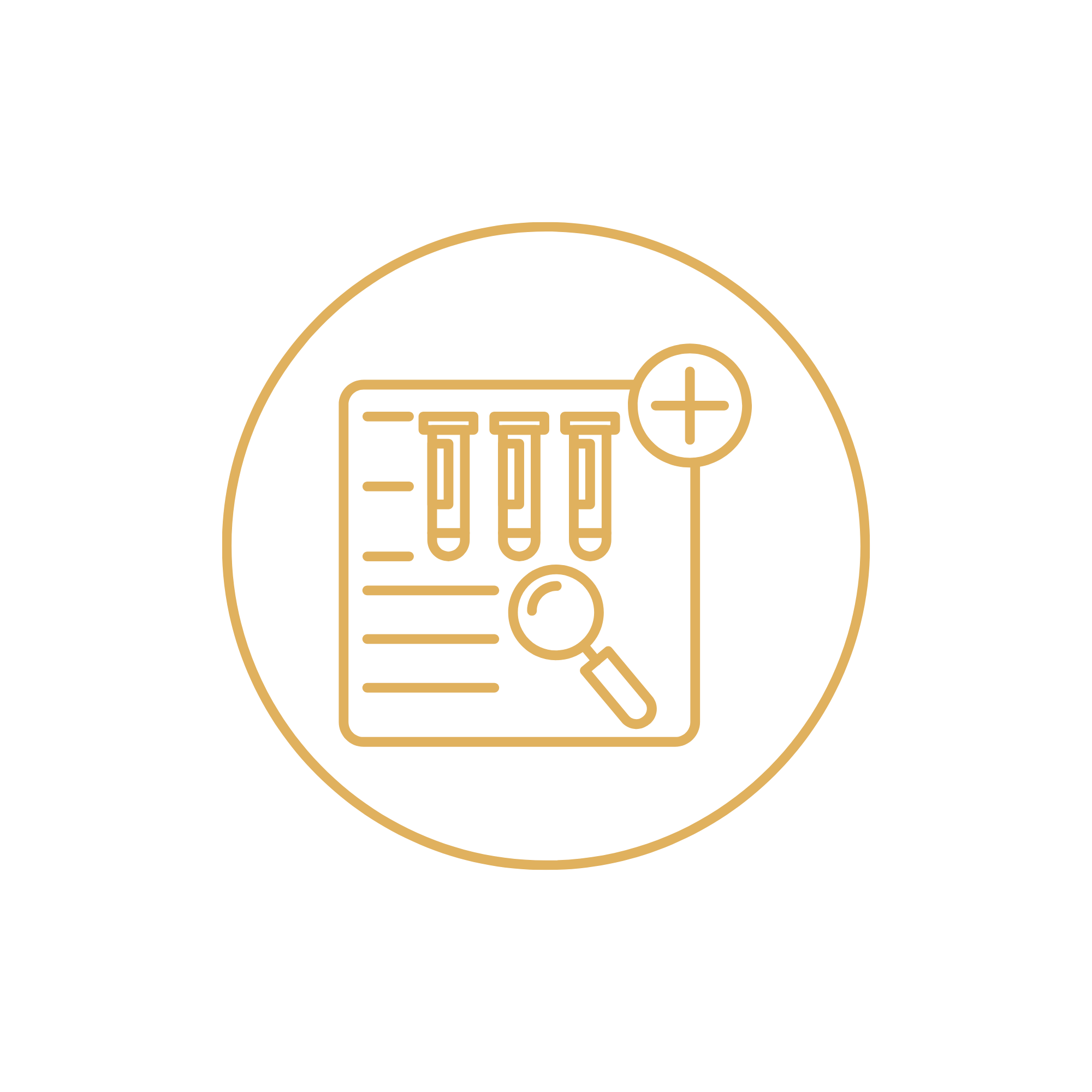 Line art icon of a laboratory report with three test tubes, a magnifying glass, and a plus symbol.