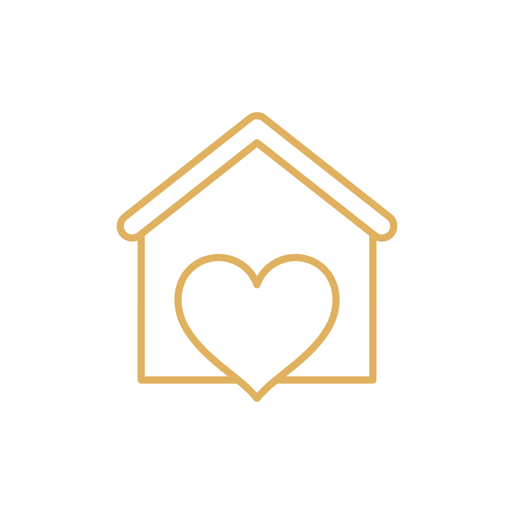 Yellow outline of a house with a heart in the center on a black background.