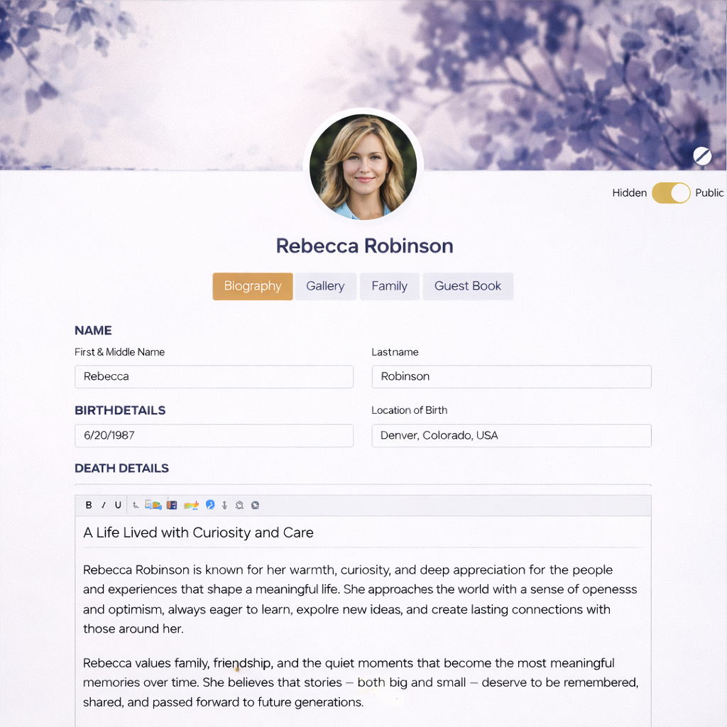 Digital profile page for Rebecca Robinson showing her photo, biography, and personal details.