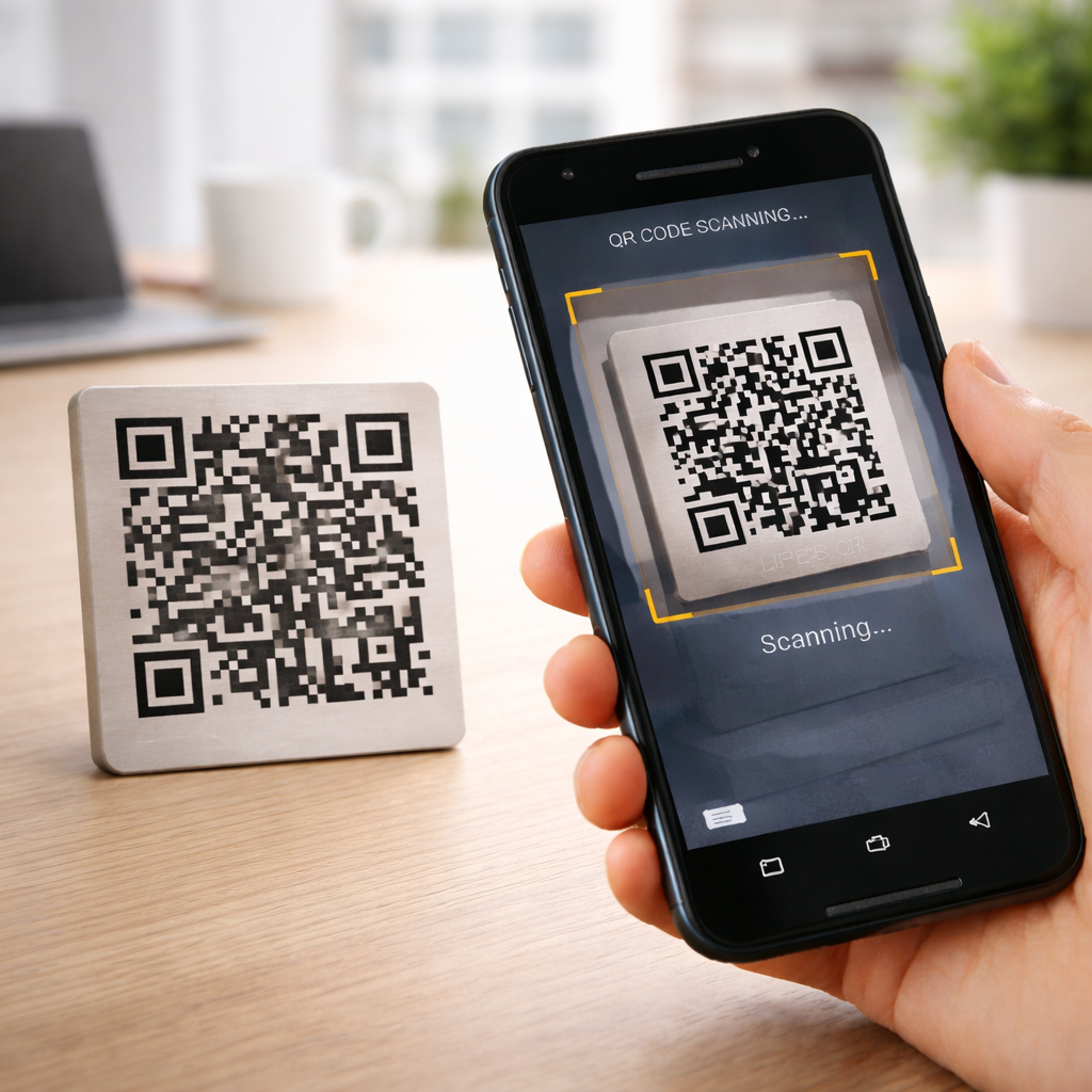 Person scanning a QR code on a smartphone with a QR code on a stand in the background, on a wooden desk.