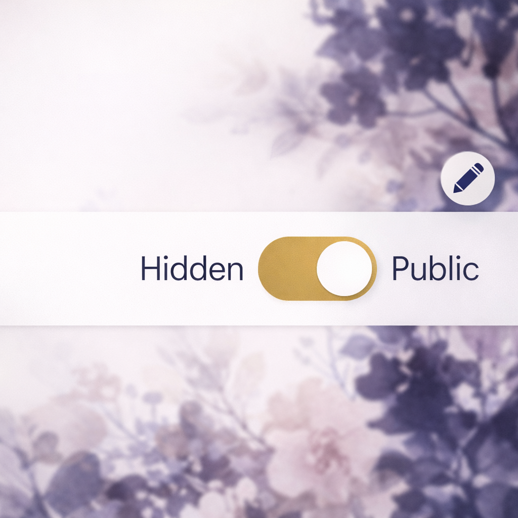 A toggle switch with options 'Hidden' and 'Public', currently set to 'Public', with a blurred floral background.