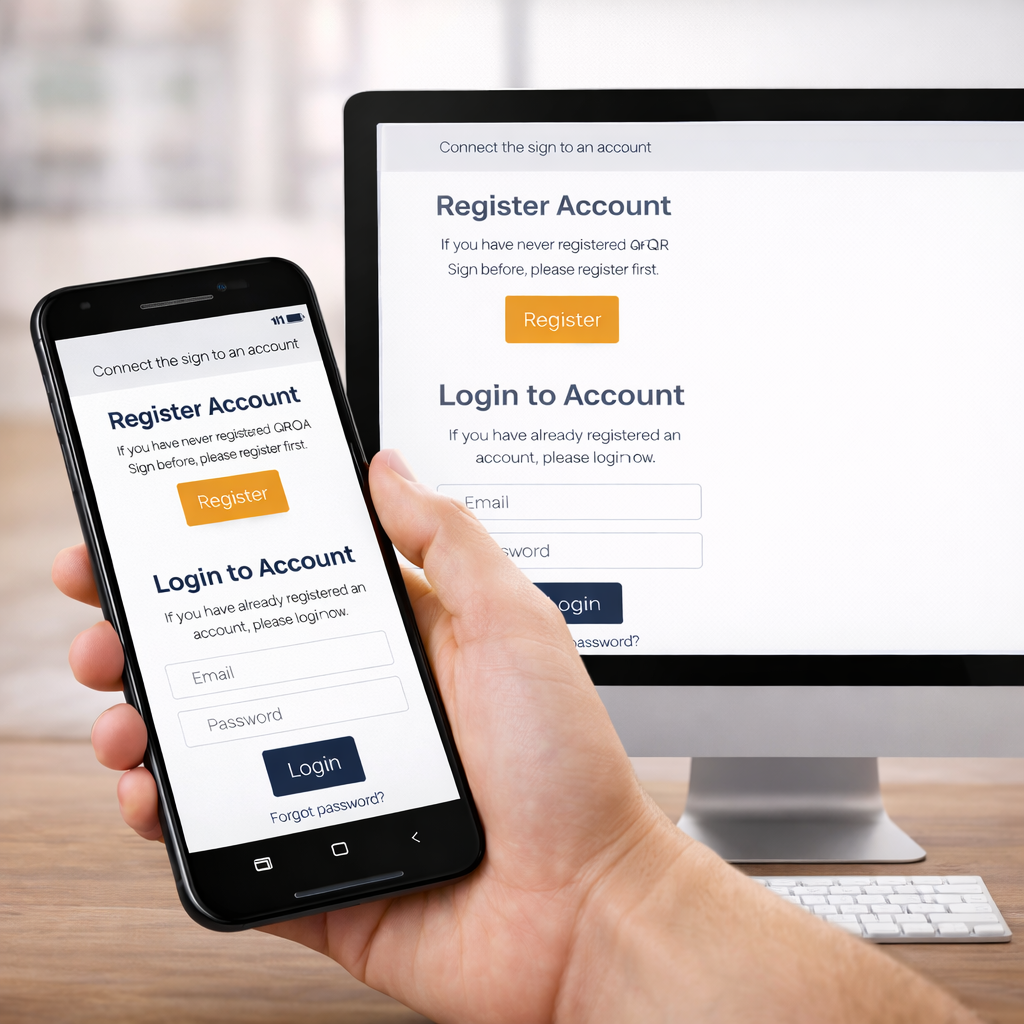 Person holding a smartphone displaying a login and registration screen, with a computer monitor behind showing the same login and registration interface.