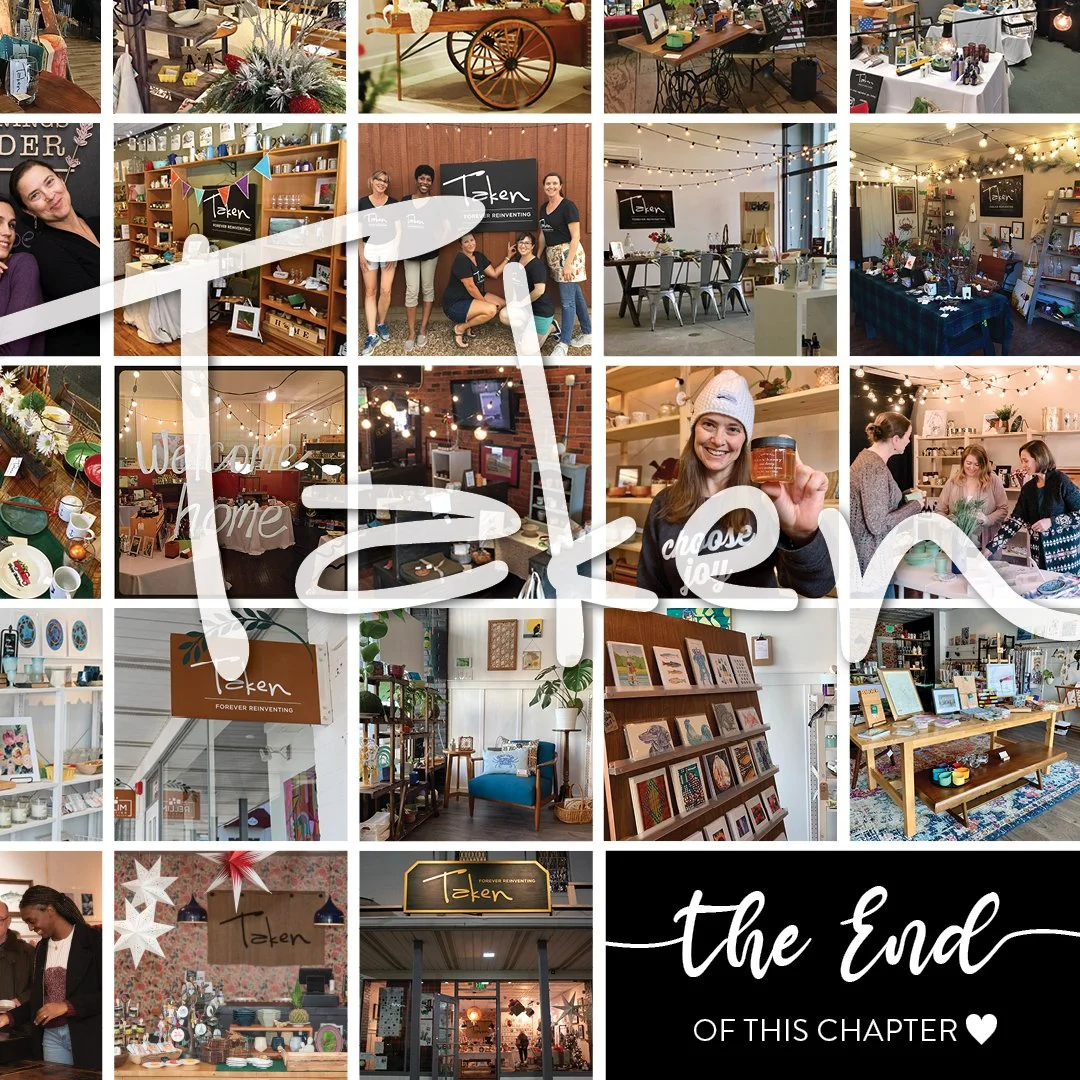 Collage of photos from a gift shop, featuring shelves of books and gifts, customers shopping, employees, and holiday decorations. Overlayed with text saying 'the end' and 'the end of this chapter' with a small heart.