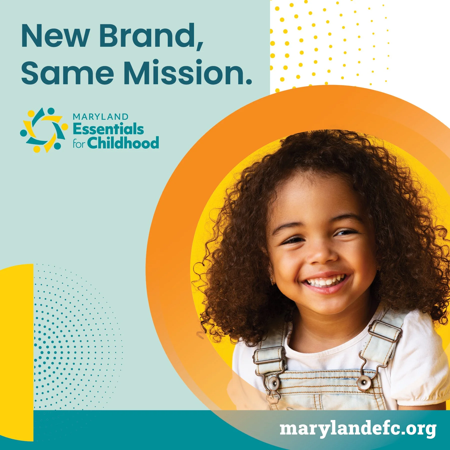Smiling young girl with curly hair wearing overalls, representing Maryland Essentials for Childhood campaign.