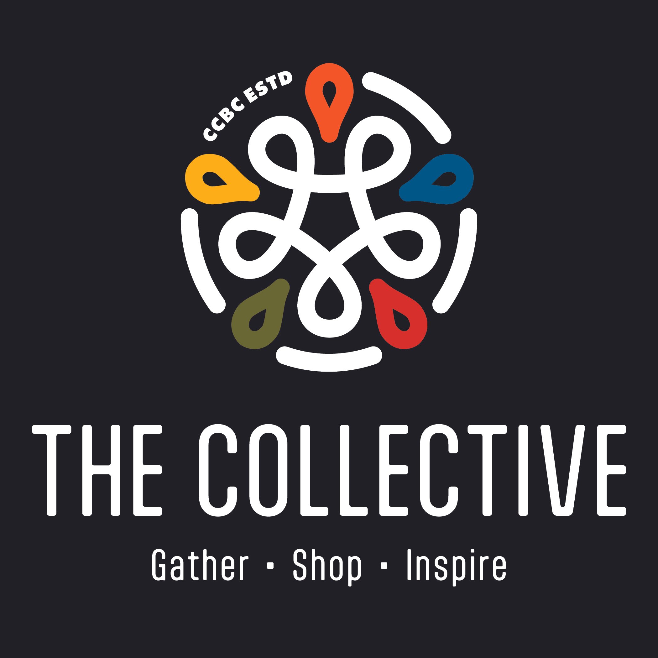 The logo of The Collective, featuring a colorful, intricate, circular design with teardrop shapes in red, blue, green, yellow, and orange on a black background. Below, the text reads "The Collective" with the tagline "Gather - Shop - Inspire."