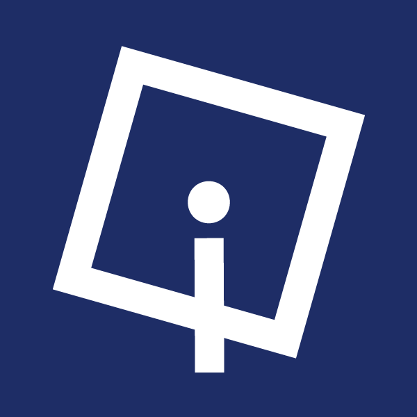 A white symbol of a graduation cap from above on a dark blue background with an tilted white square framing the symbol.