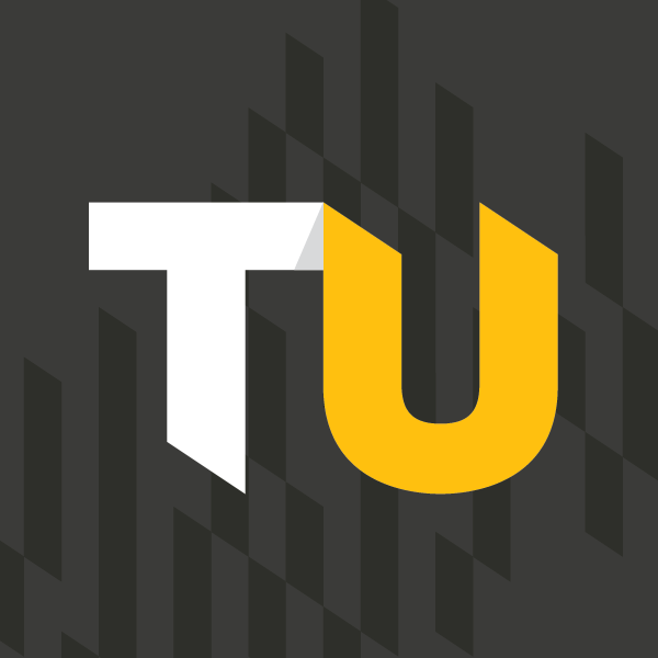 Logo with the letters "T" in white and "U" in yellow on a dark, patterned background.