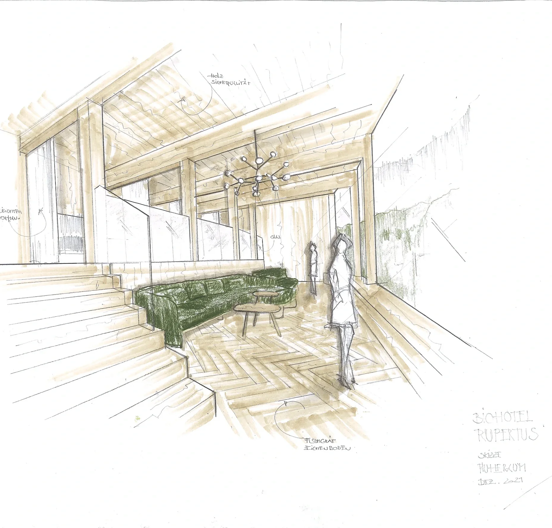 Architektonischer Entwurf für ein modernes Hotel namens "Bichoffi Rupertus" mit Fokus auf Eingang und Empfangsbereich. Skizze zeigt hochgezogenes Holzdecke mit einer markanten Lampe, Garderoben und Sitzgelegenheiten, sowie einen stilvollen Eingangsbe